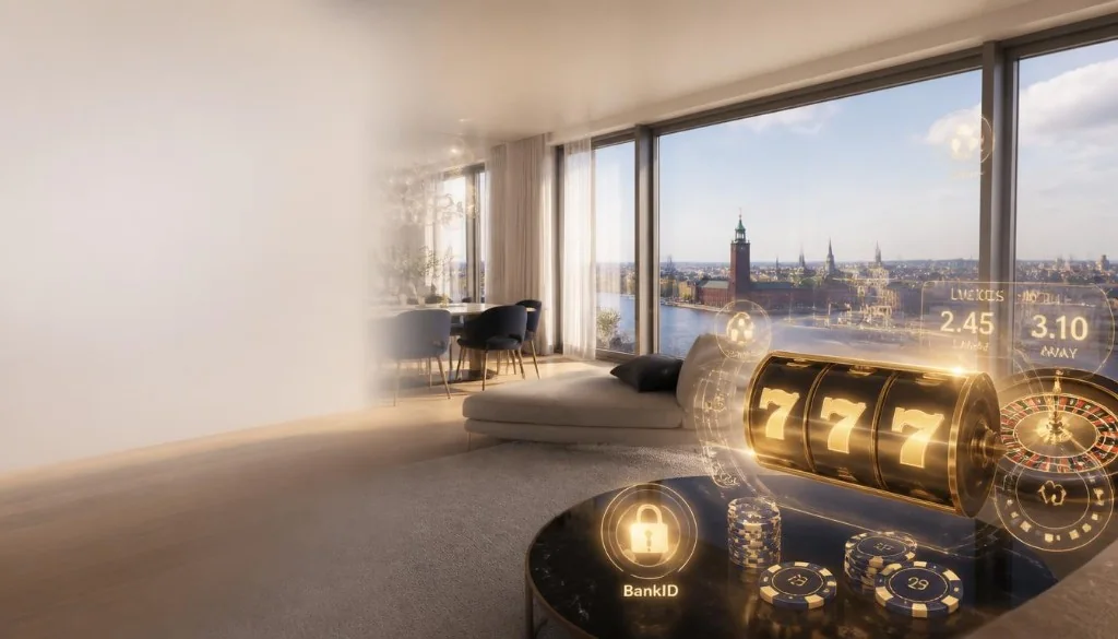 Stockholmslägenhet med slotshjul, marker och BankID-lås mot stadsvy